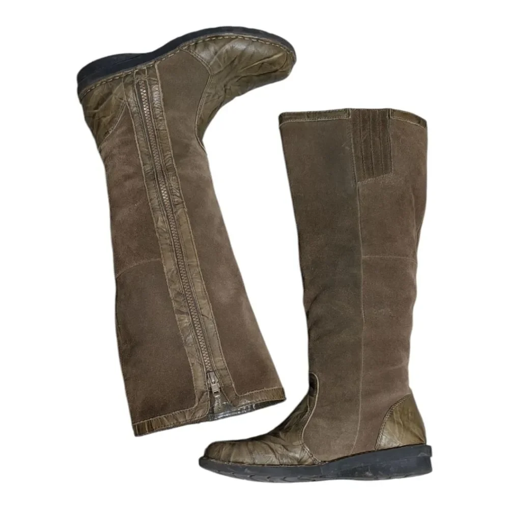 Clark Women's Olive Green suede leather boots side zip reptile look size 8M